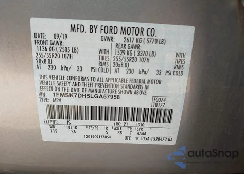 2020 Ford Explorer Xlt из США, поврежденный, VIN 1FMSK7DH5LGA57958